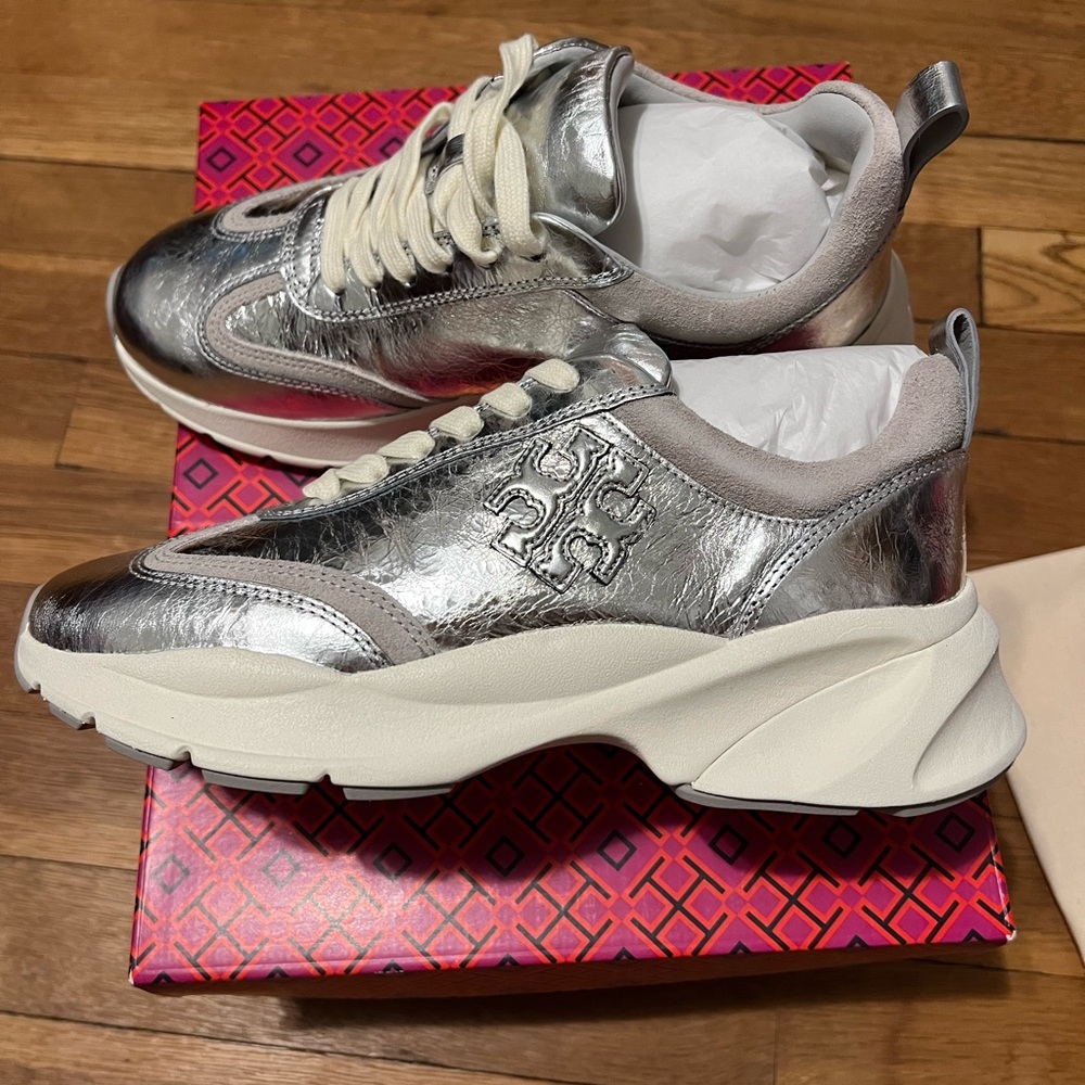 Tory Burch Good Luck Trainer In Silver Metallic Leather Size: 7.5